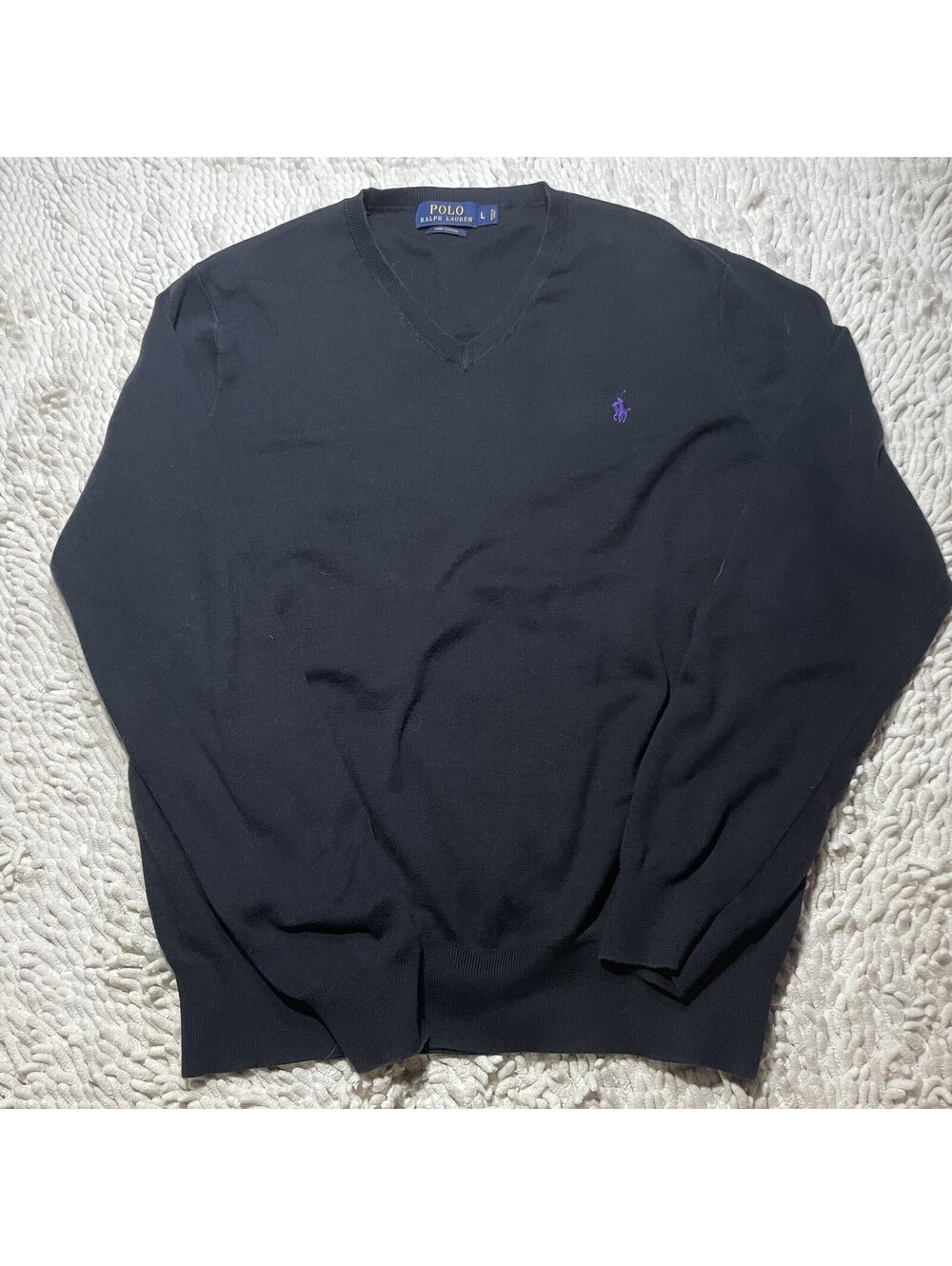 Polo Ralph Lauren Sweater Mens Large V Neck 100% Pima Cotton Black Classic